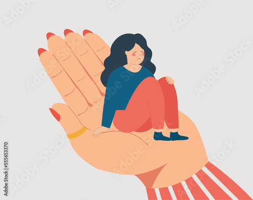 Lonely woman sits on the big hand and needs support and care. Counselor helps a sad teenager girl to get rid of stress, anxiety and depression. Concept for people under stress. Vector illustration
