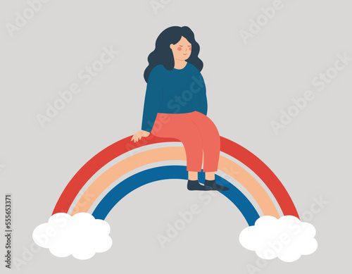 Young woman spreads positive vibe while sitting on the rainbow with balance. Happy girl smiles and enjoys her freedom. Positive body, mental health, psychological care, well being lifestyle concept.