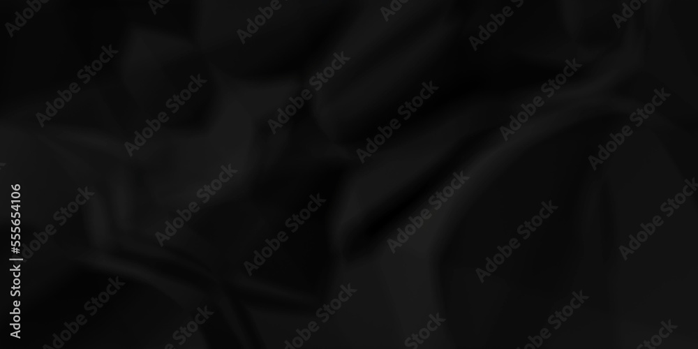 Dark Black facbric paper backdrop crumpled texture. dark black textured crumpled black paper background. panorama black paper texture background, crumpled pattern.