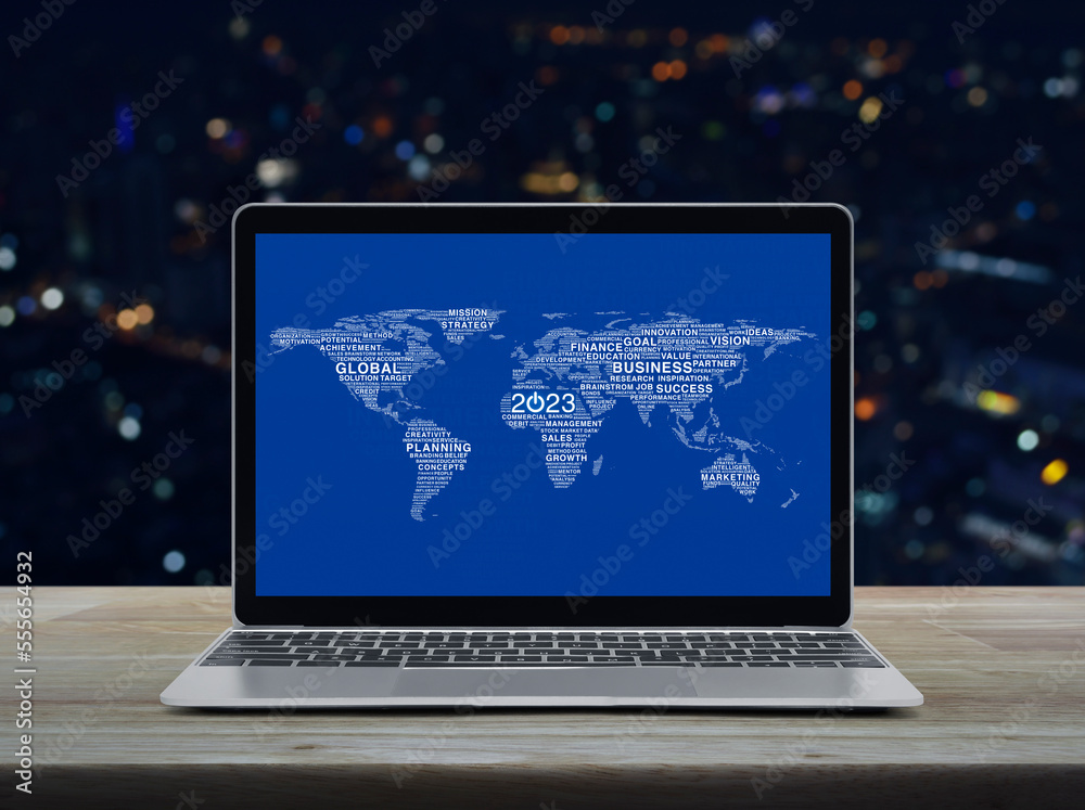 Start up 2023 business icon with global words world map on laptop computer screen on table over night city tower, Happy new year 2023 business start up online, Elements of this image furnished by NASA Start up 2023 business icon with global words world map on laptop computer screen on table over night city tower, Happy new year 2023 business start up online, Elements of this image furnished by NASA