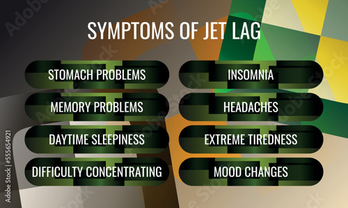 the symptoms of Jet lag disorder. Vector illustration for medical journal or brochure.