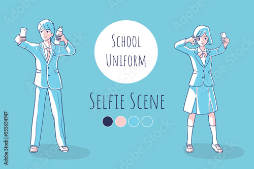 A student wearing a school uniform is taking a selfie