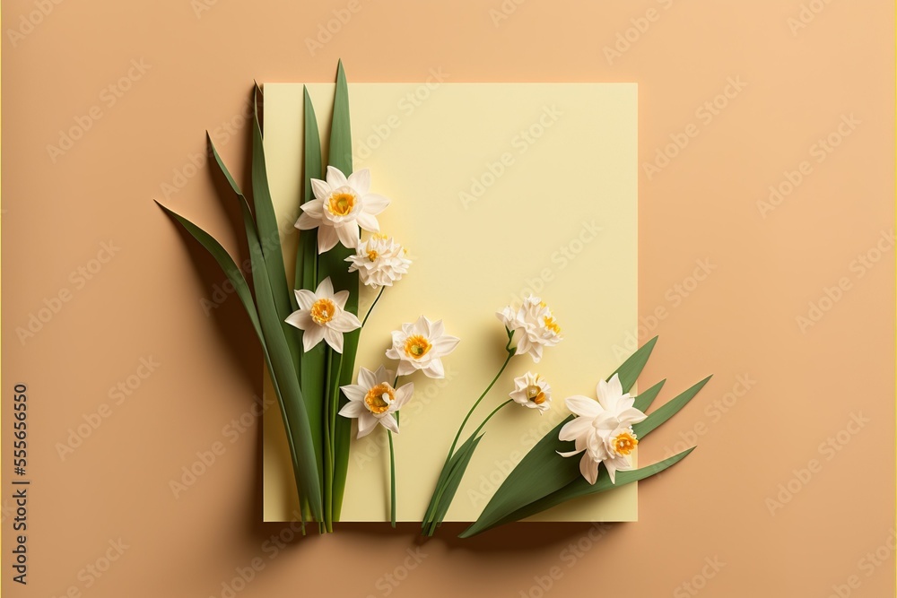 Beautiful floral mock up or template of white narcissus flowers with paper card for wedding or greeting