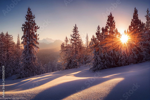 Beautiful winter landscape. Mountain range during morning light. Generative AI © XtravaganT