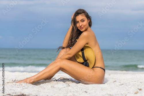 Lovely Mixed Race Bikini Model Posing Outdoors On A Caribbean Beach