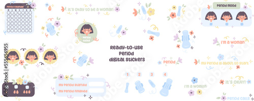 Period tracker, lettering, label, and tag cute illustration for girls. Ready to use digital sticker for bullet journaling or planning. Menstrual cycle tracking. Woman's health vector drawing.