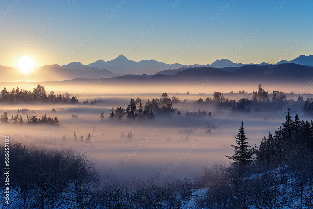 Obraz premium Early morning landscape. Foggy winter river. Designed using generative ai.