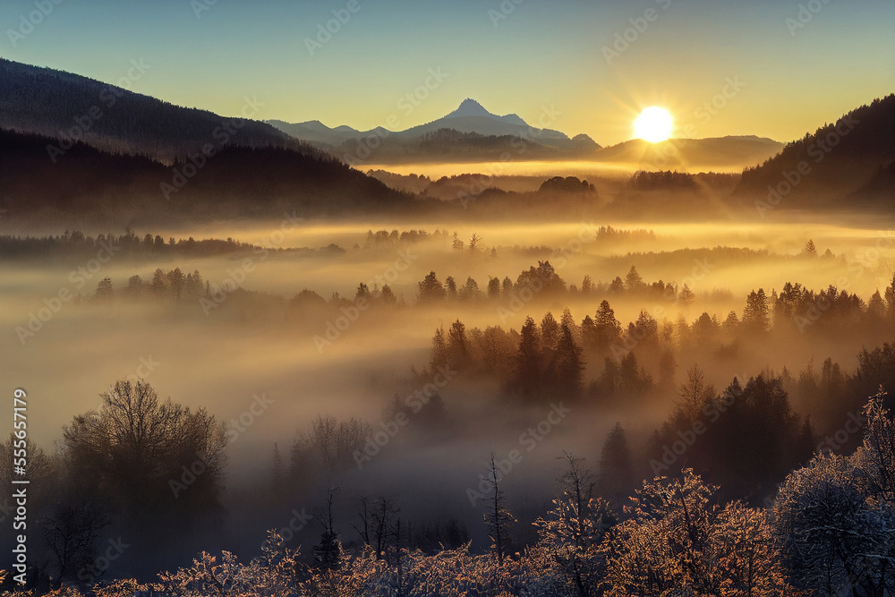 Fototapeta premium Early morning landscape. Foggy winter river. Designed using generative ai.