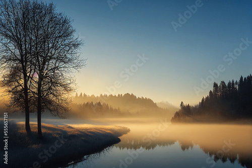 Early morning landscape. Foggy winter river. Designed using generative ai.