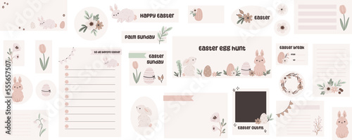 Easter digital stickers. Digital note papers and stickers for digital bullet journaling or planning. Hand-drawn Easter bunny, Easter eggs and florals.  Vector art.