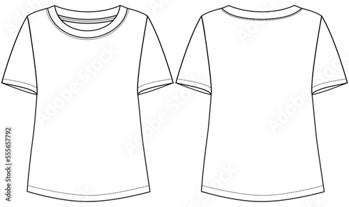 womens short sleeve boxy t shirt flat sketch vector illustration technical cad drawing template