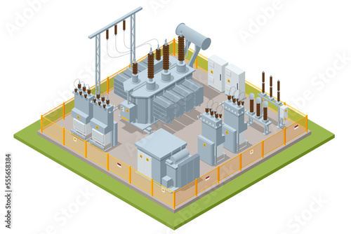 Isometric Transformer . Electric Energy Factory Distribution Chain. Isolated set Icon Energy Substation. High-Voltage Power Station.