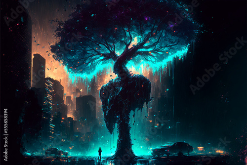Neon light tree digital art ai-generated