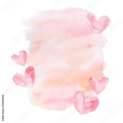 Abstract delicate pink beige background, stain, stroke, with hearts. Watercolor isolated on white background. Valentine's Day
