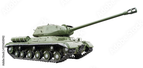 Military green tank on caterpillars with a cannon front bottom and front right side view close-up isolated on a transparent background.
