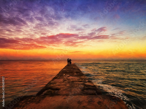 Pier on the seashore  against the background of a beautiful sunset. Illustration