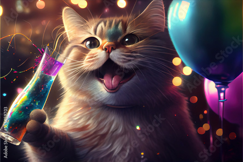 Funny smiling cat celebrating at festival event, party time concept
