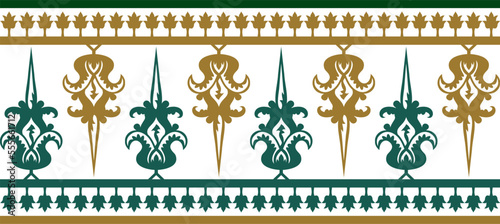 Vector gold and green seamless byzantine ornament. Endless Border, frame of ancient Greece and Eastern Roman Empire. Decoration of the Russian Orthodox Church..