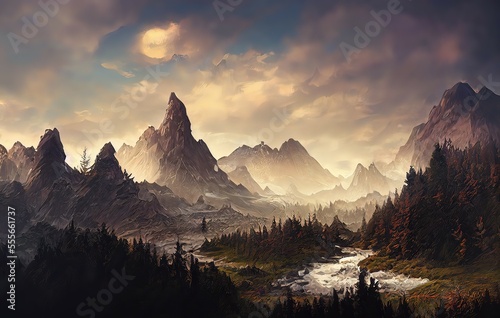 landscape with clouds  Generative AI  nature  sky  river  mountain  lake  snow