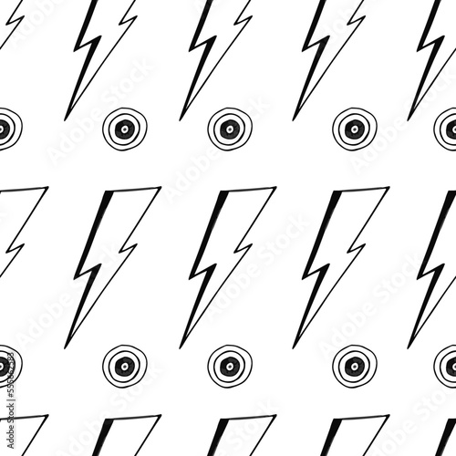 Retro black and white pattern with doodle hand drawn  david bowie lightning bolts and circles, 90s vibe 