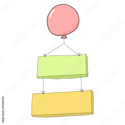 Air balloon pink color with two banner for your text. cartoon