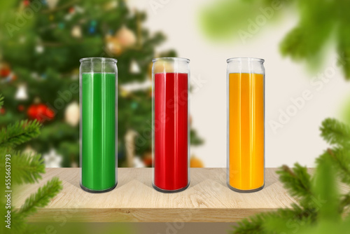 Bright glass color wax candle mockup on Christmas backgroung