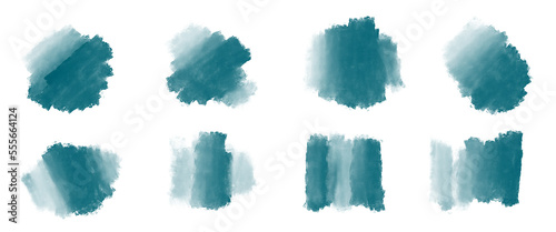 Set of abstract paint brush smudges, turqoise, gradient texture, layered, isolated graphic design element made with brushstroke, hand drawn art for backgrounds, frame, watercolor paint, blue	
