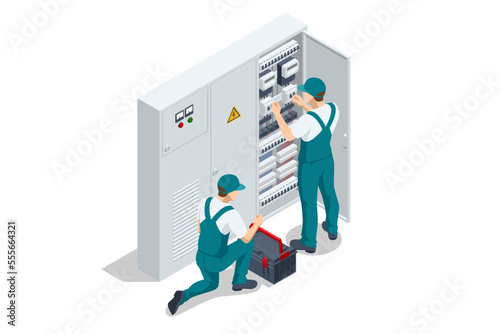 Isometric Electric switchboard. Transformer. Distribution board. Electrical technician doing electric work checking or repairing transformer substation. Electric Breaker Switchbox Electricity. photo
