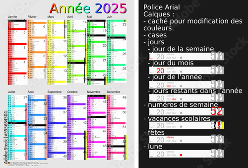 Calendrier 2025, calques, vacances scolaires, Saints, 12 mois