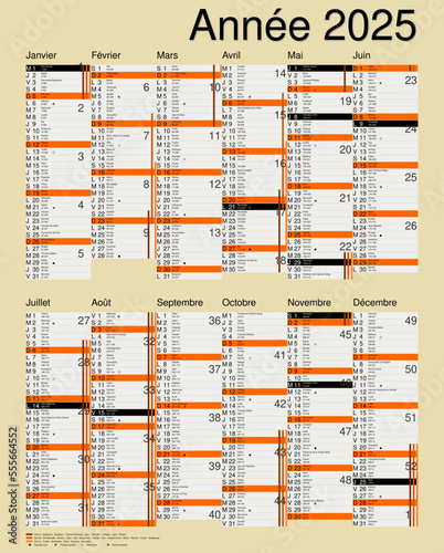 Calendrier 2025, calques, vacances scolaires, Saints, 12 mois