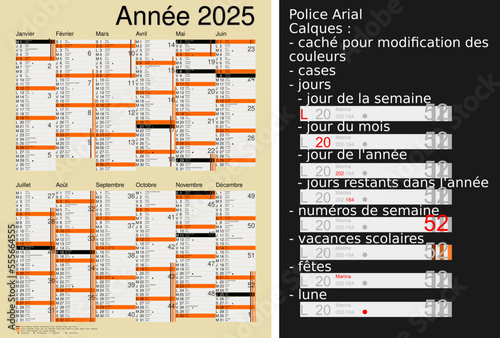 Calendrier 2025, calques, vacances scolaires, Saints, 12 mois