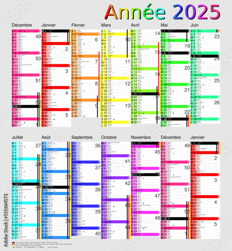 Calendrier 2025, calques, vacances scolaires, Saints, 14 mois