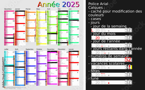 Calendrier 2025, calques, vacances scolaires, Saints, 14 mois