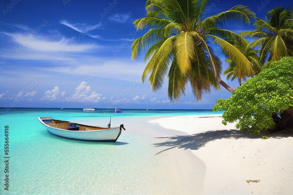 tropical beach with turquoise water and palm tree and a boat. Vacation concept. Generative AI