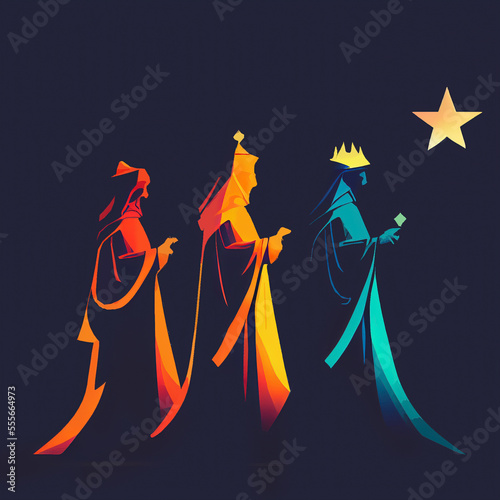 Three wise men or biblical magi following christmas star. Generative ai