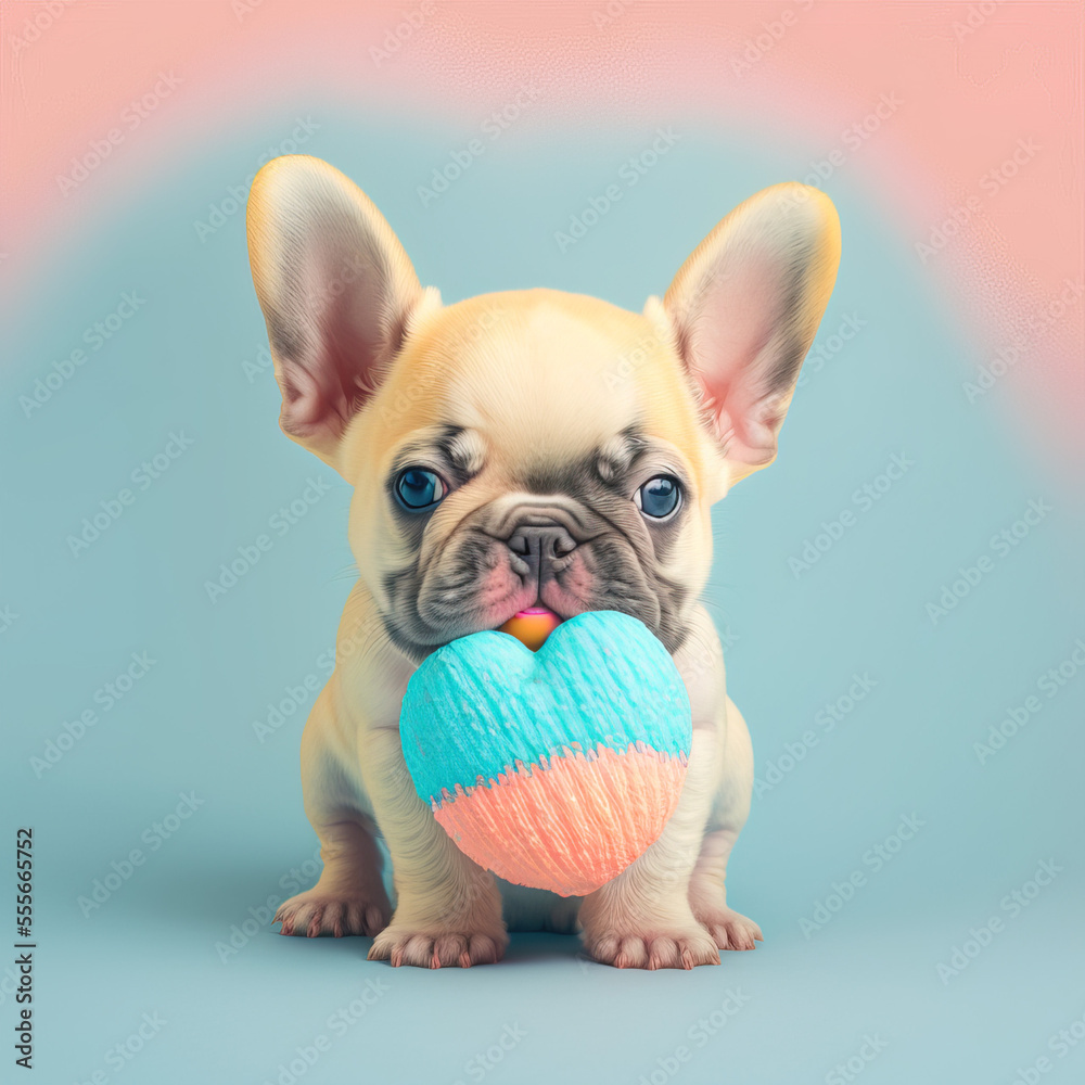 A cute little puppy carrying a big heart as a symbol of love. Pastel, creative, animal concept. Valentine's Day spent with a pet, a small dog. Illustration. Generative AI. A cute little puppy carrying a big heart as a symbol of love. Pastel, creative, animal concept. Valentine's Day spent with a pet, a small dog. Illustration. Generative AI.