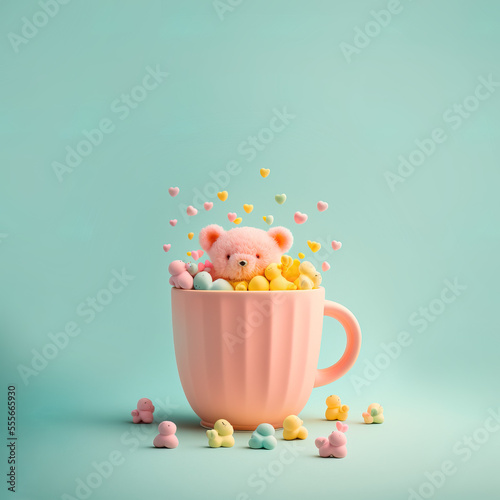 Pastel minimal animal concept of hot drink mug with cute little Teddy bear coming out of it. Love for small pet that will be loved and cherished for the rest of life. Illustration. Generative AI. © Uncanny Valley
