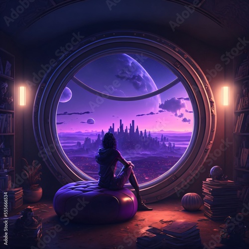 Tableau sur toile science fiction fantasy, lonely cyberpunk girl sits alone in a room and looks at