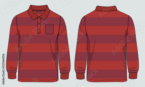 Long Sleeve polo Shirt with Yarn dye Stripe and pocket technical Fashion flat sketch Vector Illustration Drawing Template Front And back views