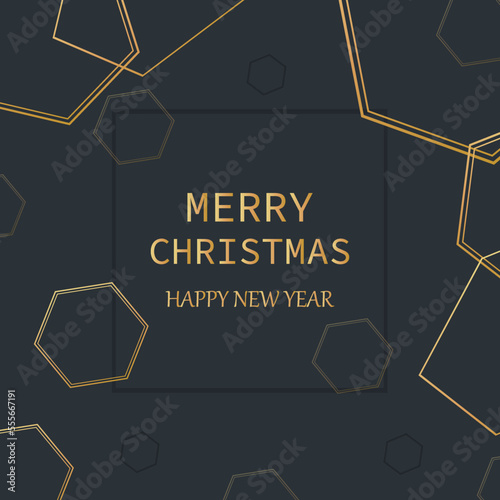 Happy New Year Christmas card  black-gold background. For greetings with festive decor. Premium