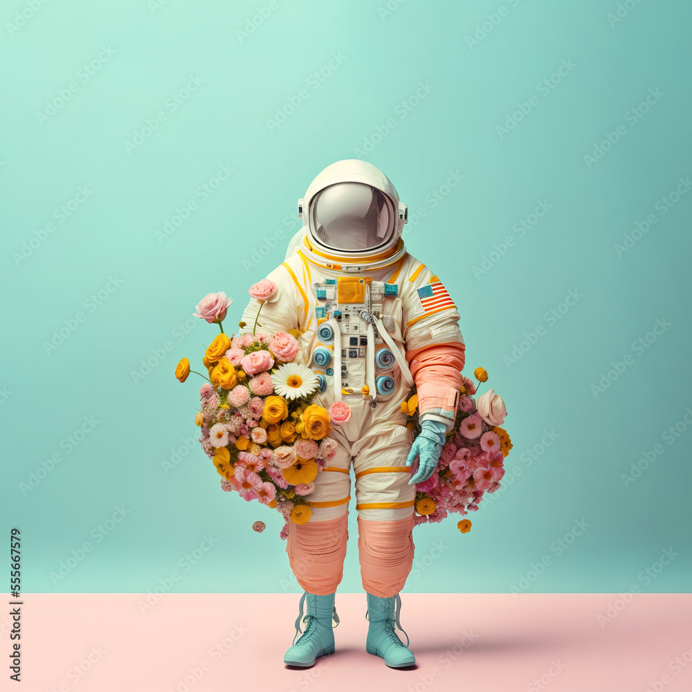 Futuristic love alien warrior astronaut robot in cyber suit, helmet made of fresh Spring flowers and hearts balloon, mask portrait. Valentine's Day from space. A fictional 3d character, Generative AI.