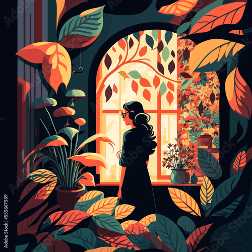 A young woman looking out of her window. An artsy illustration