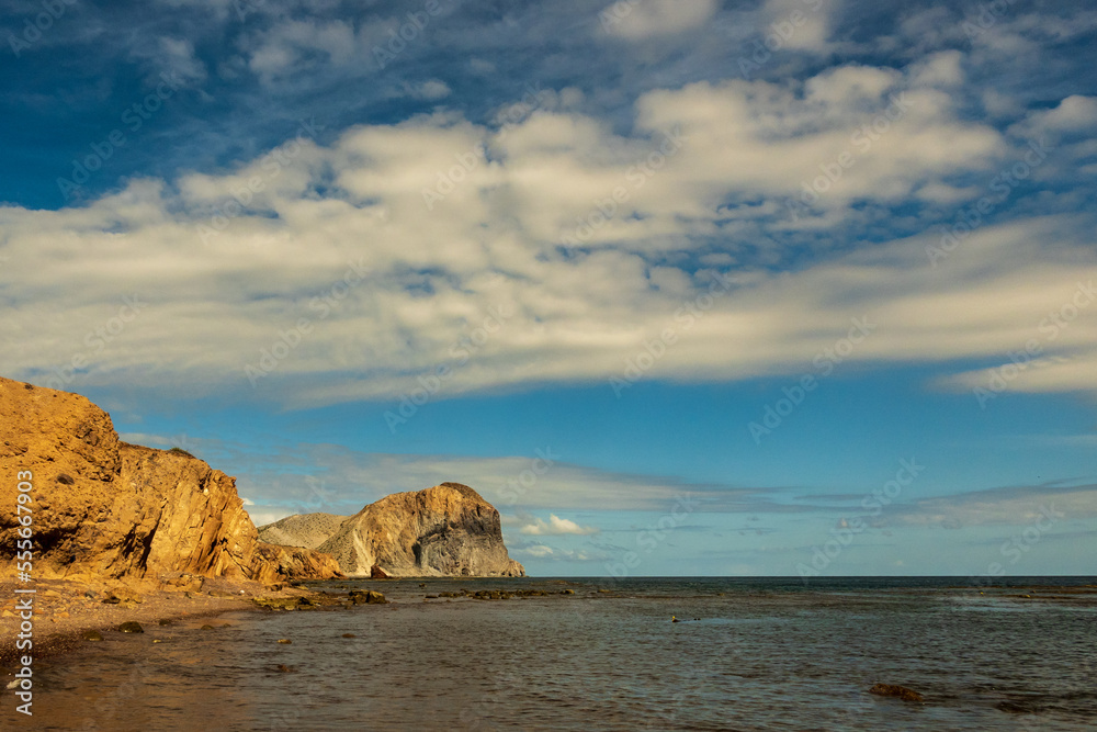 El Pulpito, seen from the south in morning with dramatic white clouds: Sea of Cortez: Baja de California Sur, Mexico	
