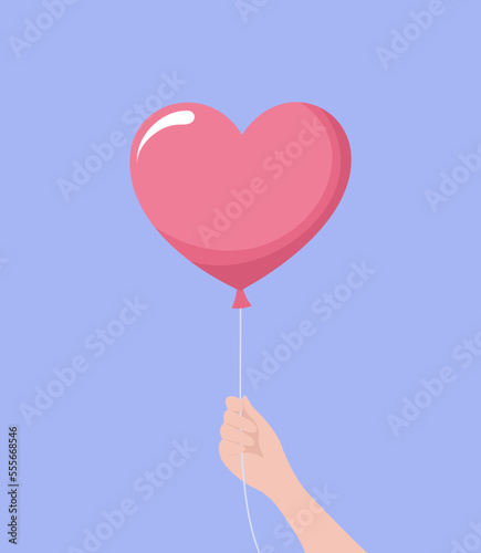 Hand holding big pink heart balloon on a purple background. Flat vector illustration