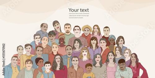 Banner - cover or poster copy space with group of volunteer multicultural people - editable template.  Nonprofits association. Charity and solidarity donation concepts.Community. NGO. Aid