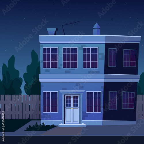 Night building, apartment, blackout time. Property in dark time in cartoon style. Street scene.