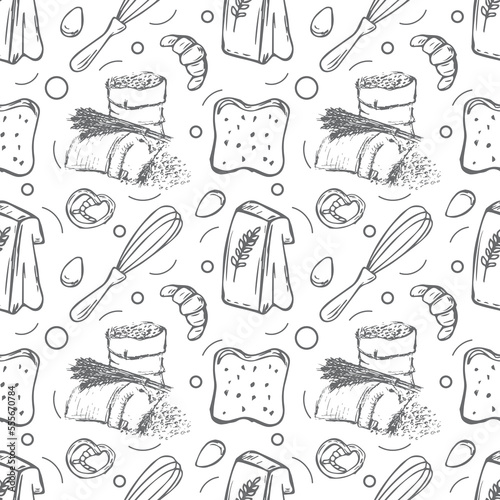 Hand drawn seamless pattern of bread and bakery products. Baked goods background. Vector