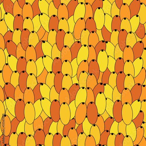 Sea buckthorn seamless pattern. Twigs with berries and leaves. Template with orange fresh berries for wallpaper