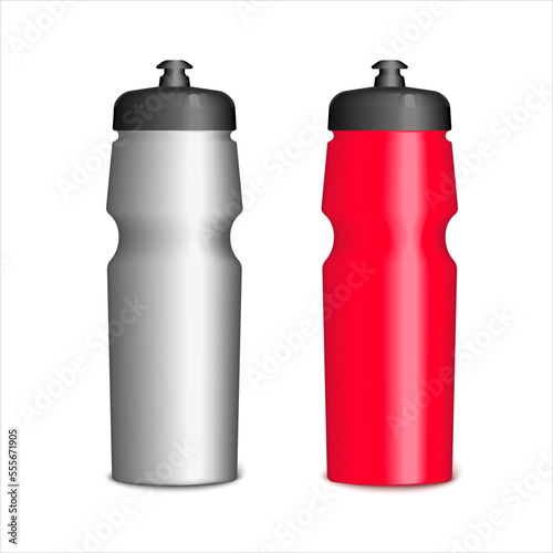 Realistic illustration of sports bottles for water. Mockups of red and gray bottles. Active recreation, cycling equipment and fitness. Water plastic containers 3d illustration. Vector illustration