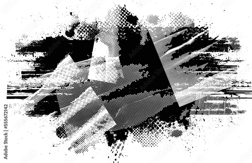 Glitch distorted grunge layer  . Noise destroyed texture . Trendy defect error shapes . Overlay grunge texture . Distressed effect .Vector shapes with a halftone dots screen print texture.